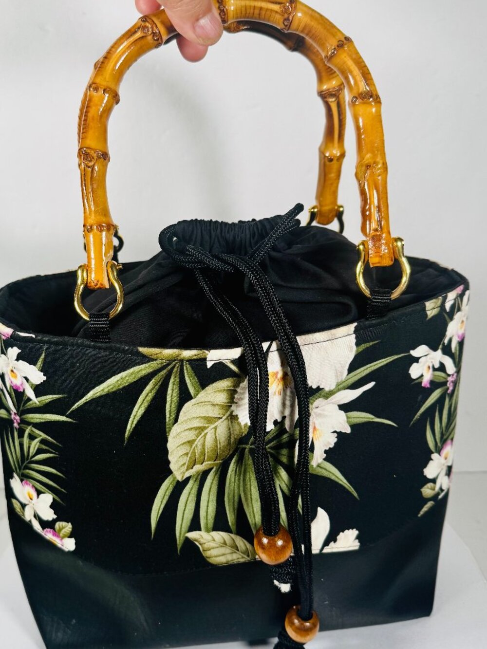 Drawstring Bag Black Floral Fabric Lined Bamboo Double Handles Purse